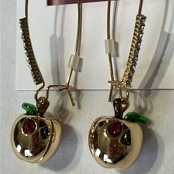Betsey Johnson Apple Pave Shepherd Hook Earrings Goldtone crystal NWT - Picture 3 of 5